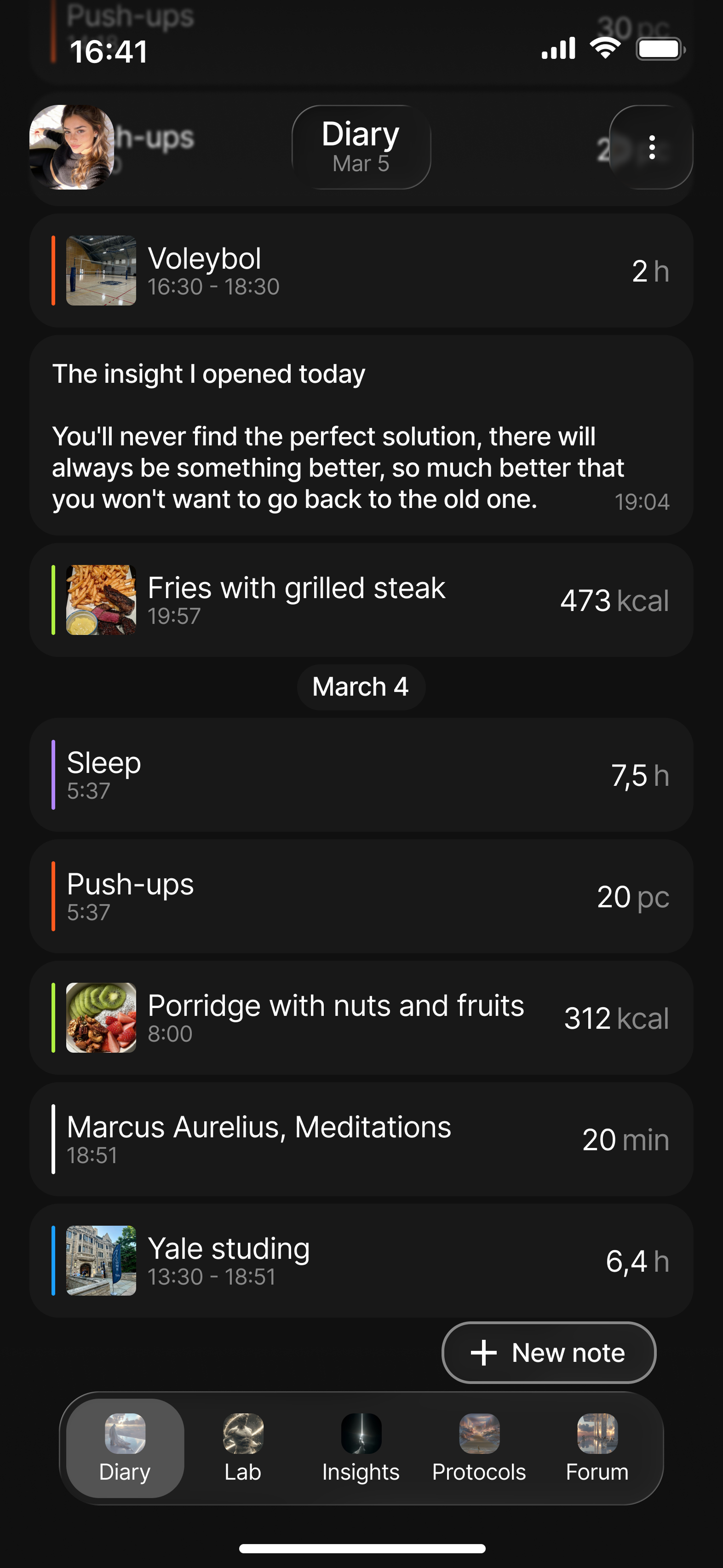 Nature Release app — Diary view